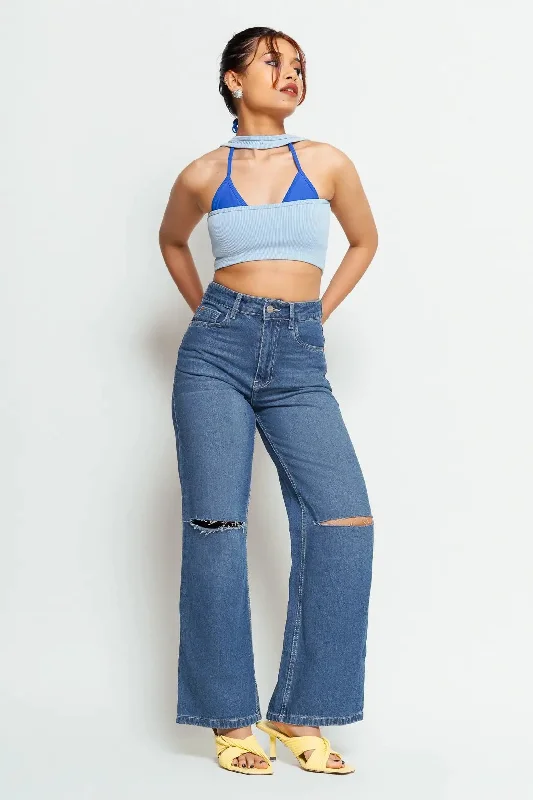 Elegant Design Knee Slit Wide Leg Jeans