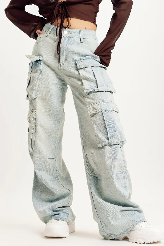 Comfort Fit Light Blue Street Style Cargo Jeans