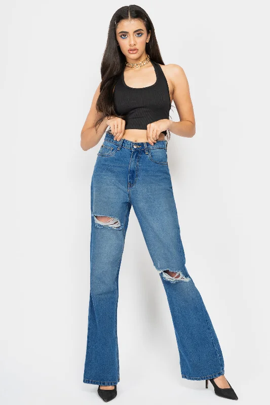Layered Style Mid Blue Distress Bootcut Jeans