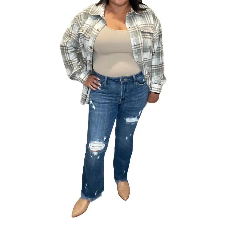 Effortless Wear Mid Rise Distressed Ankle Flare Jeans In Dark Wash
