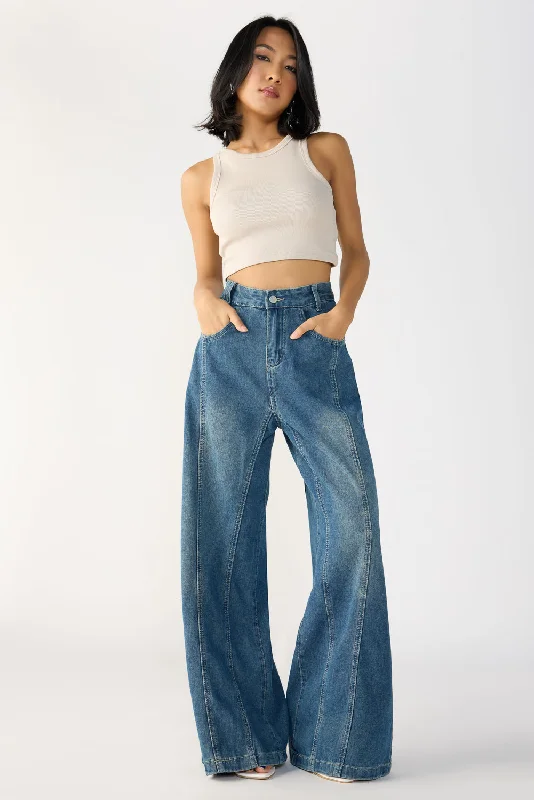 Lively And Youthful Navy Blue Denim Flared Korean Pants