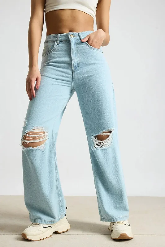 Single-shoulder Neck Design Ocean Mist Distressed Straight Fit Jeans