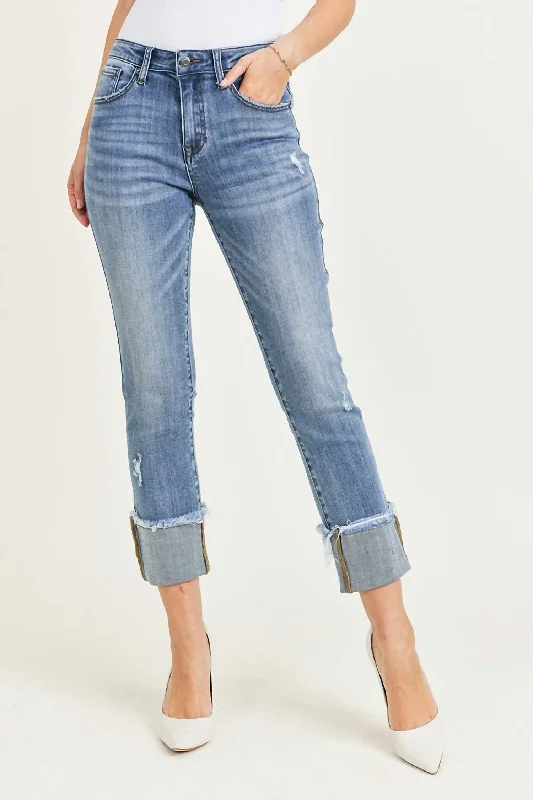 Trends Raw Hem Cuffed Slim Straight Leg Jeans In Blue