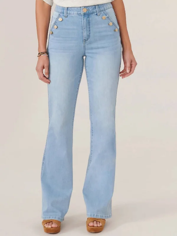 Trendy And Casual Skyrise Long Flare Jean With Angled Button-Lined Pockets In Powder Blue Artisanal Denim