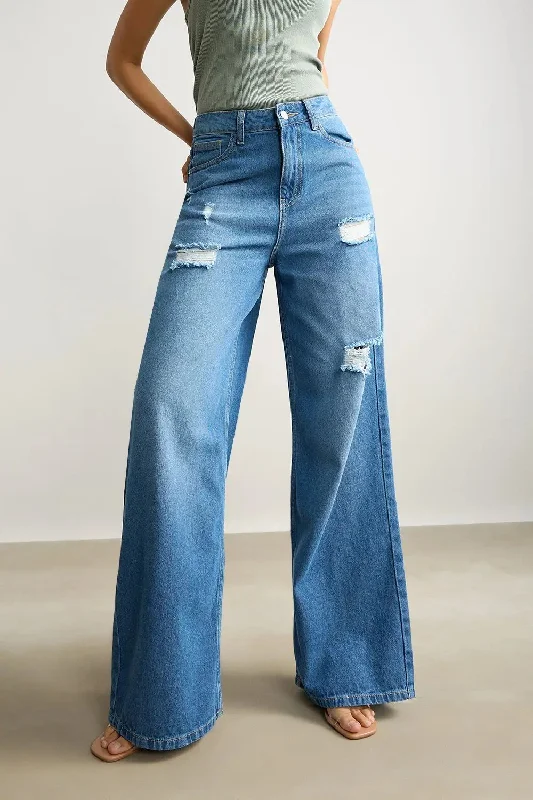 Comfortable And Casual Soft Sapphire Wide Leg Jeans