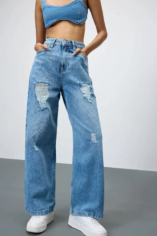 Noble Temperament Tidal Blue Distressed Straight Fit Jeans