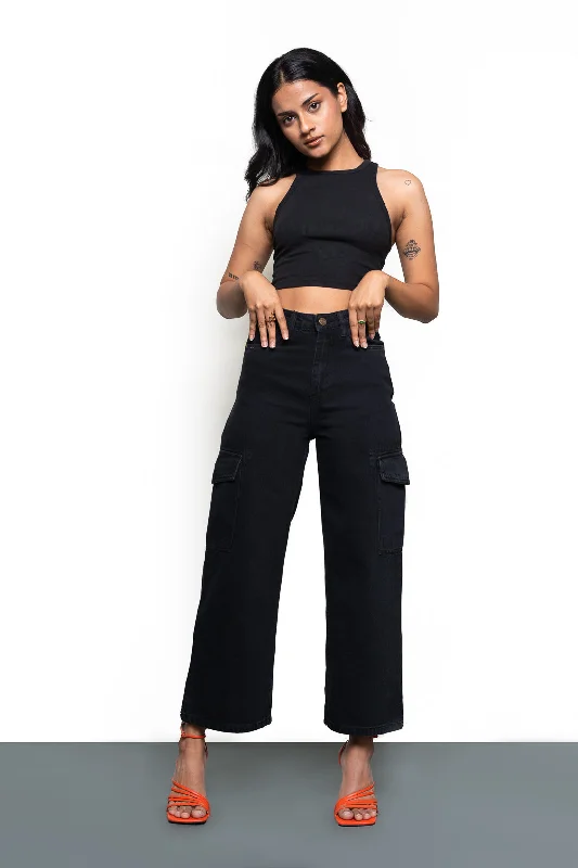 Trendy Wear Wide Cargo Utility Jeans In Black
