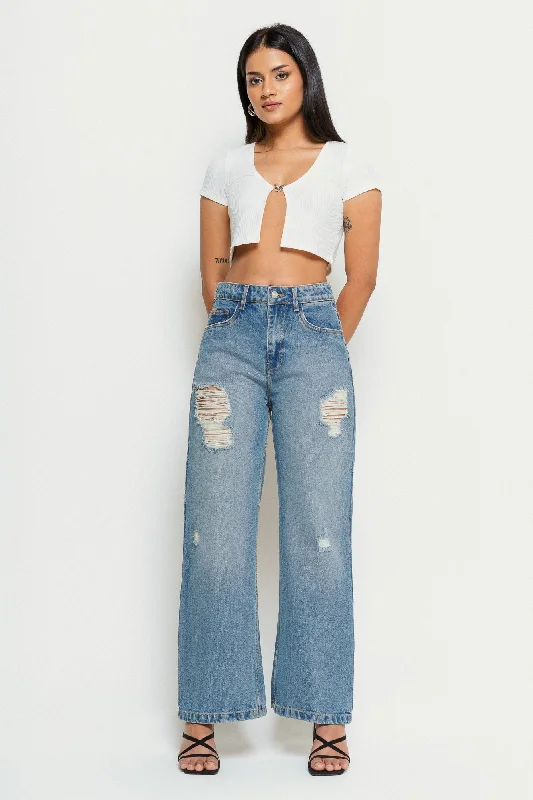 Stylish Jackets Windy Blue Distressed Wide Jeans