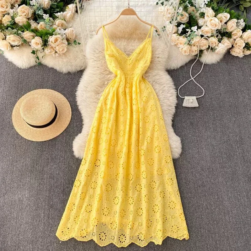 Street Cool Joey Cotton Eyelet Midi Dress In Yellow