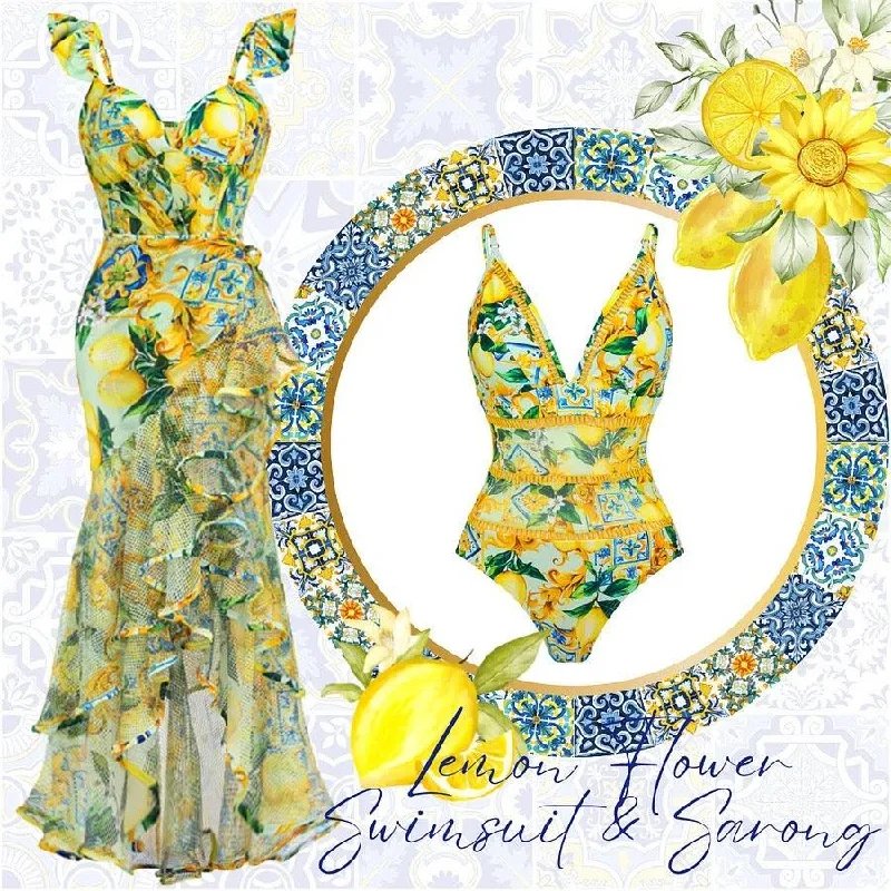 Light And Breathable Lemon Spritzer Swimsuit with Ruffled Skirt