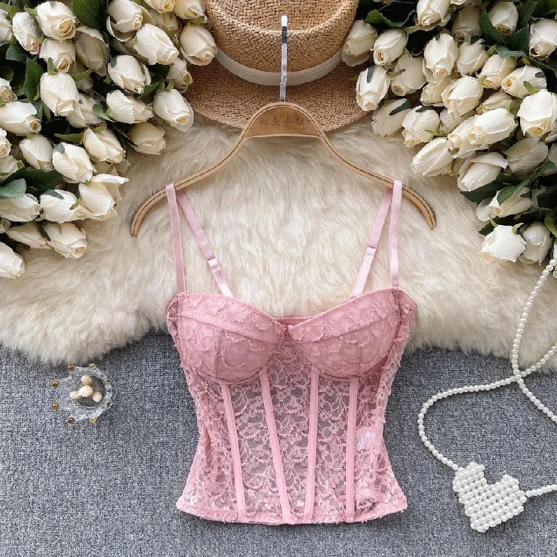 Weekend Comfort Louvre Corset Mesh Top in Pink