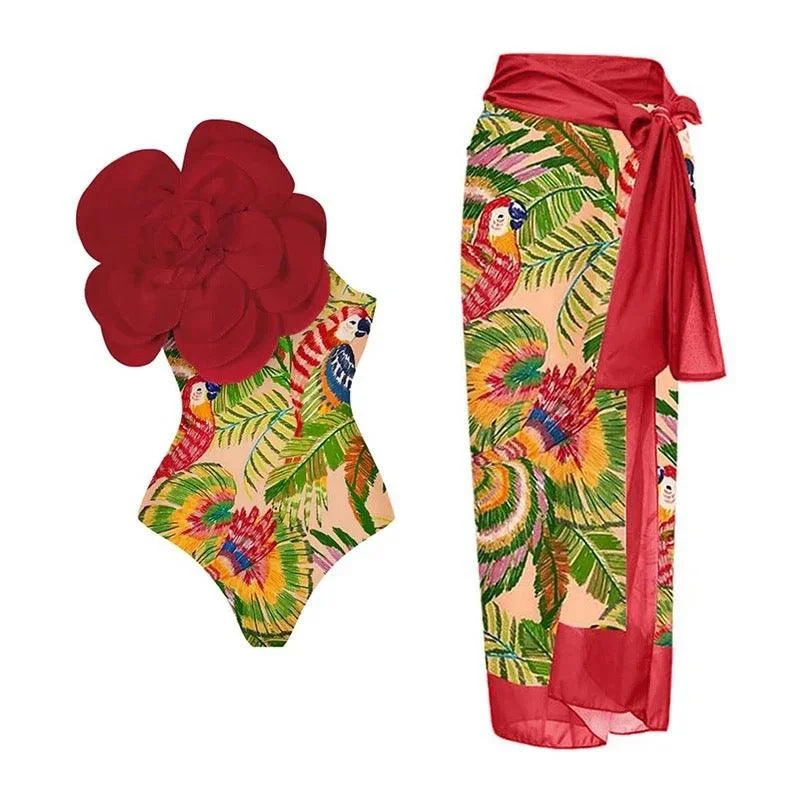 Relaxed And Casual Ruther swimsuit with Sarong Skirt in Red