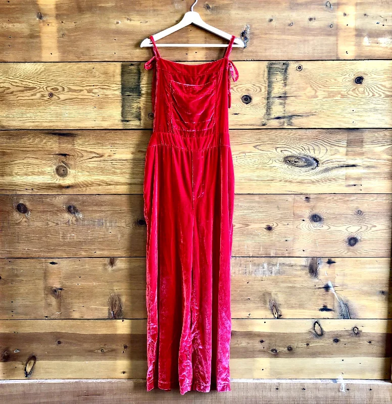 Slightly Flared Design XL - Free People Red Velvet Eva Elastic Waist Wide Leg Overalls 0425SV