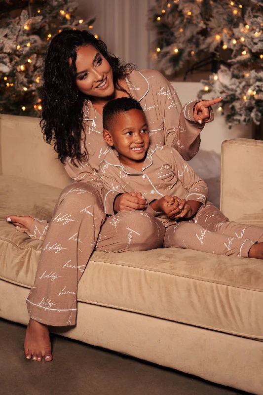 Trendy Comfort Wear Beige Home For The Holidays Kids Pajama Set