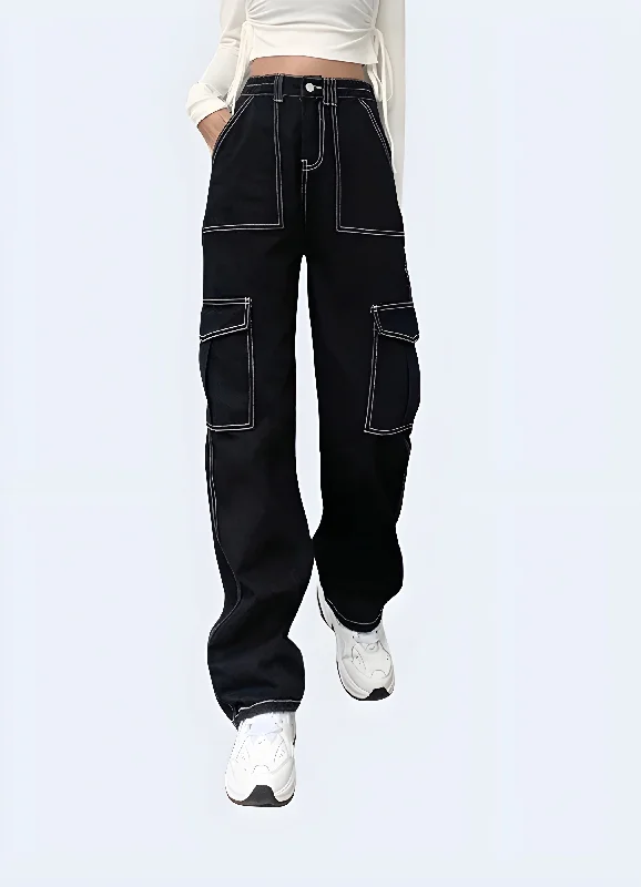 Free Design Black Cargo Pants With White Stitching