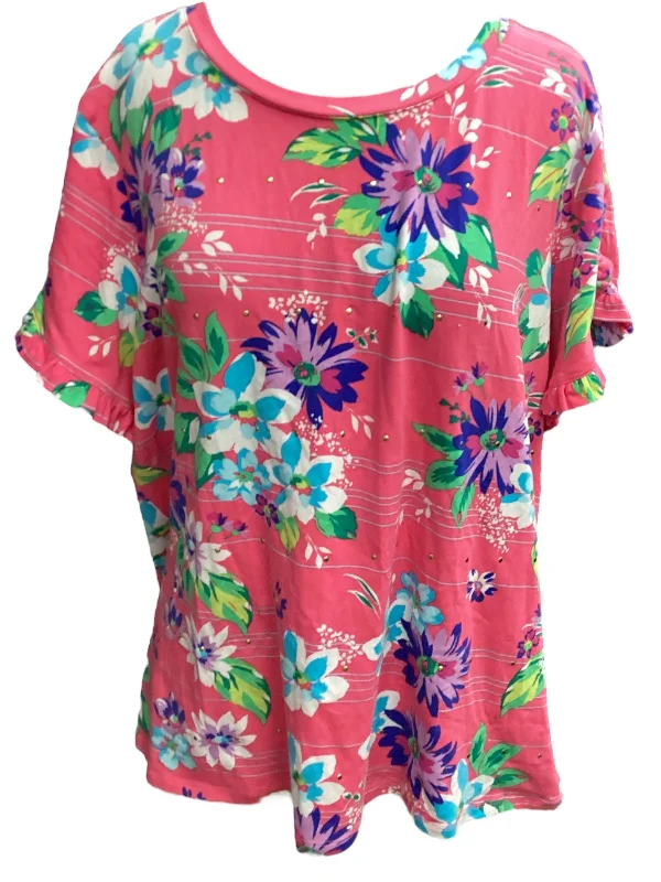 Trendy Wear Floral Print Top Short Sleeve Rafaella, Size 1x