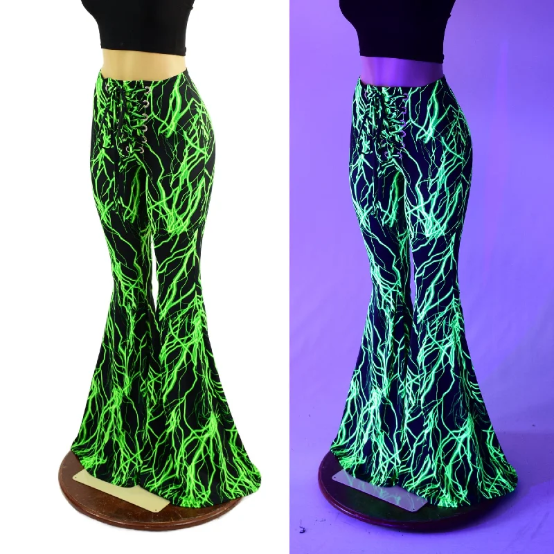 Innovative Design Front Lace Up High Waist Solar Flares in Neon Green Lightning