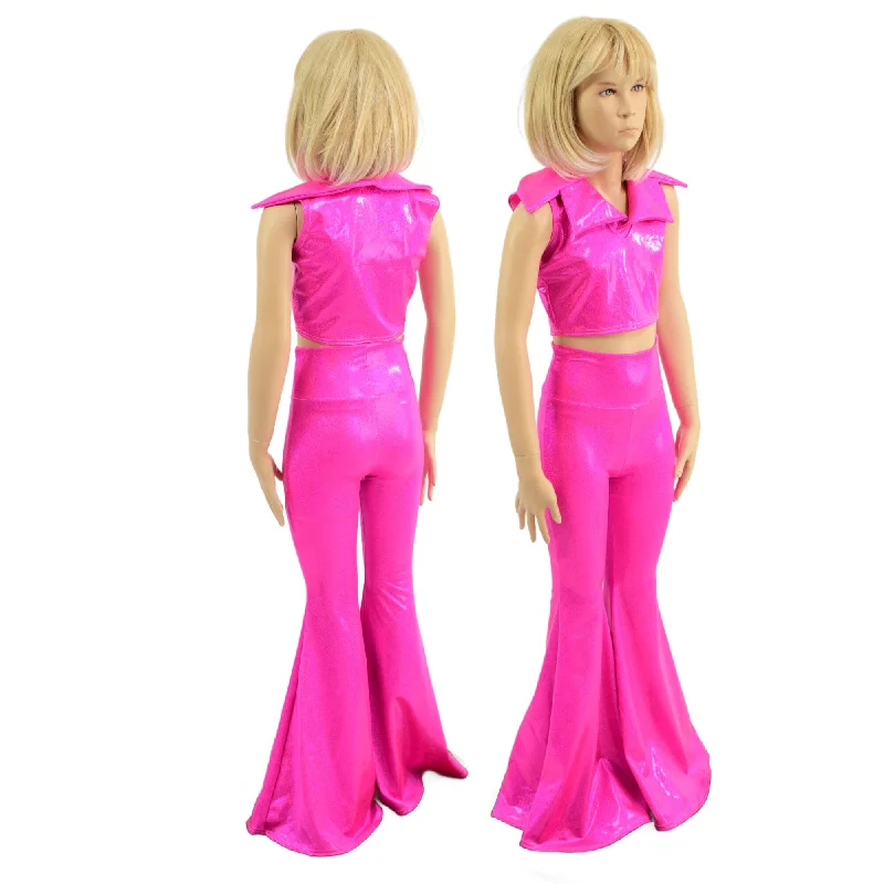 Street Cool Girls Neon Pink Solar Flare Pants and Showtime Collar Sleeveless Crop Top Set