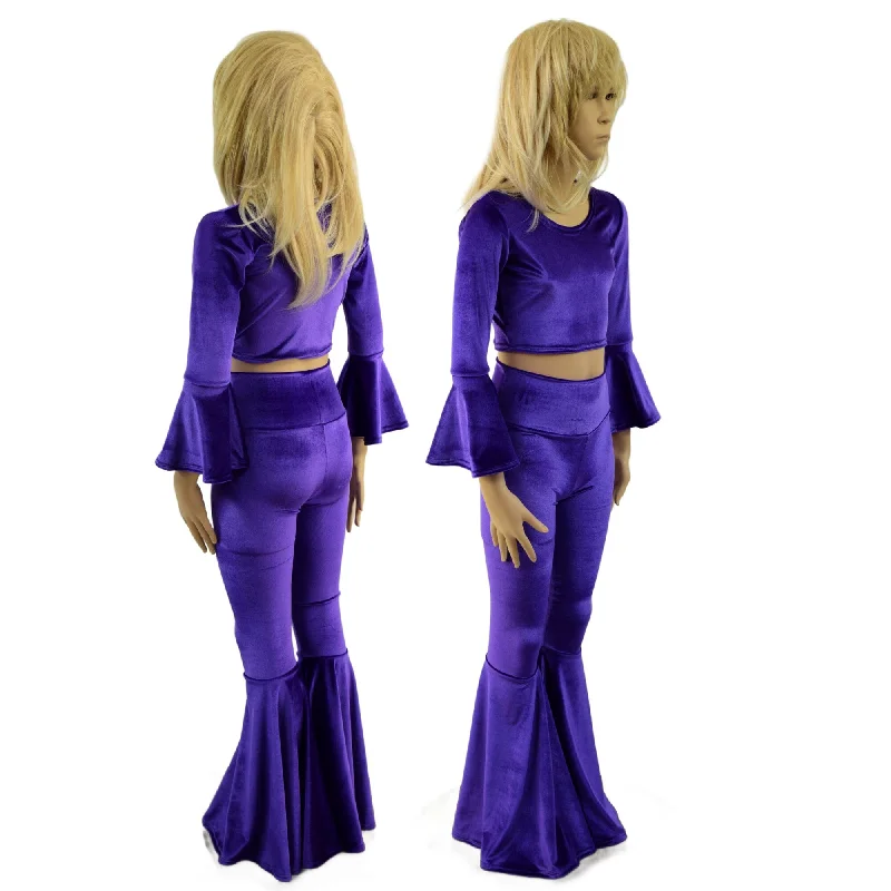 Eye-catching Personality Girls Purple Velvet Trumpet Sleeve Crop  & Bell Bottom Flares Set