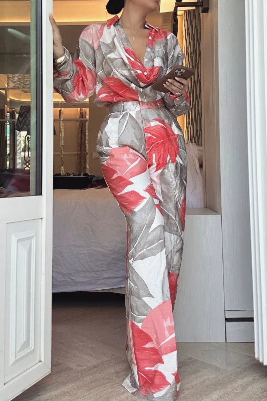 Soft Fabric Looks Ivory Palm Print Drew Crinkled Trousers