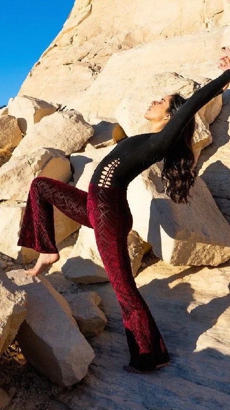 Sporty Comfort Maroon Chevron Burnout Velvet Slim Bells