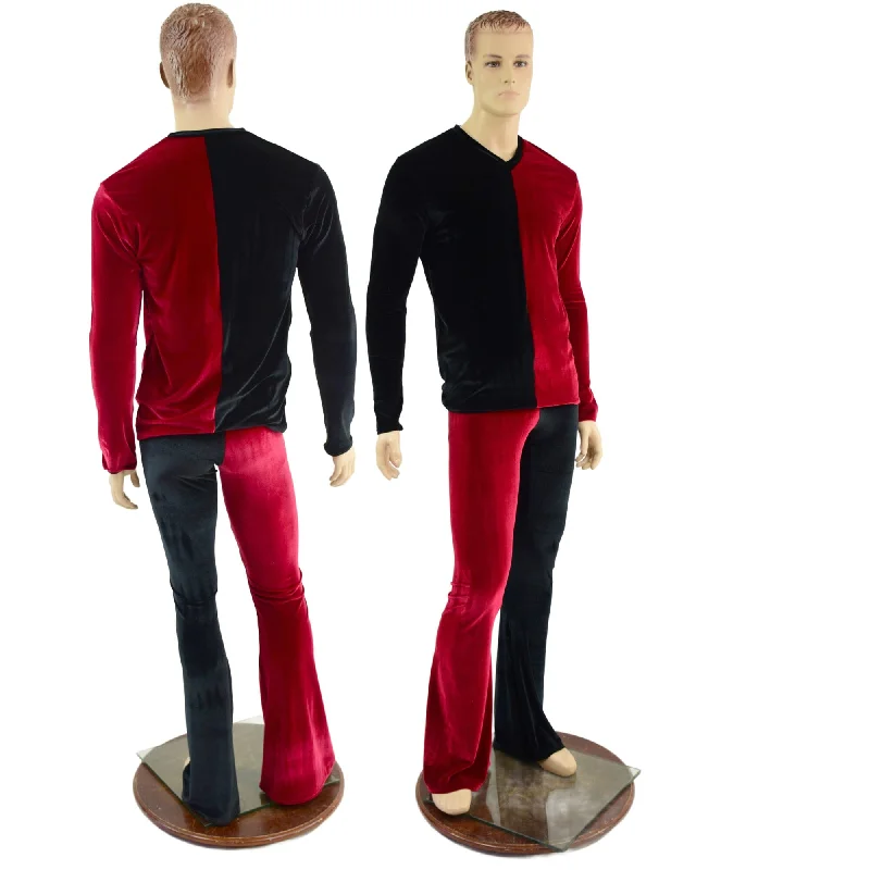 Fashion Wear Mens Red and Black Harlequin Velvet Bootcut Pants and Shirt Set