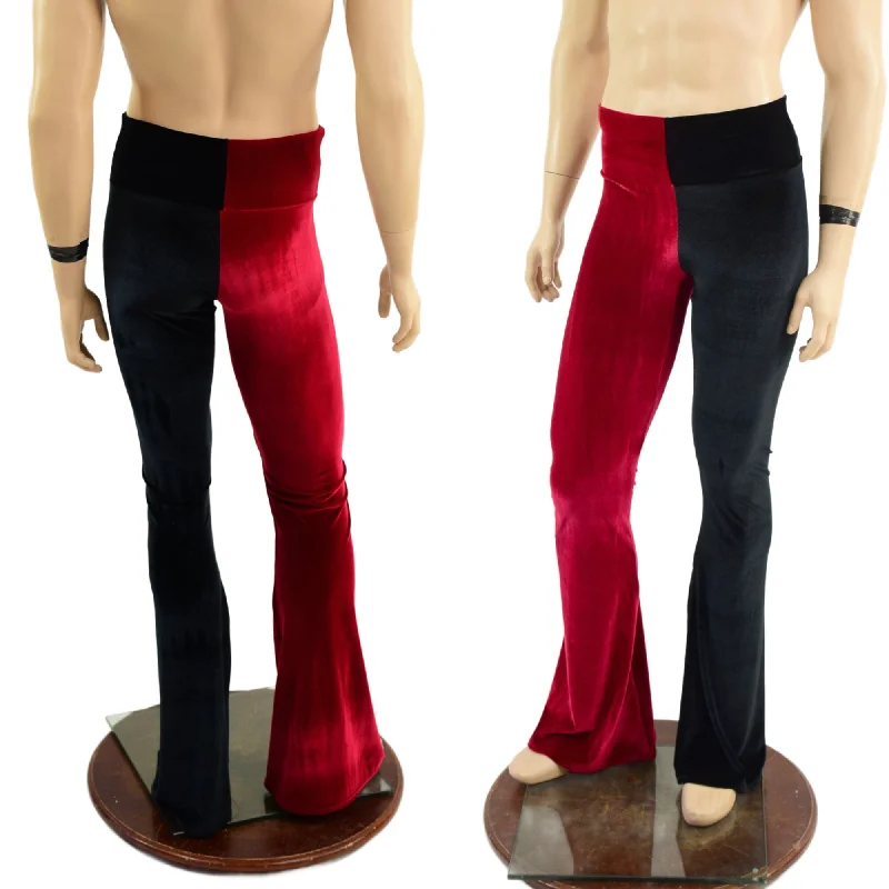 Romantic Temperament Mens Red and Black Harlequin Velvet Bootcut Pants