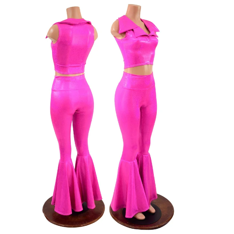 Effortless Comfort Neon Pink Bell Bottom Flares and Sleeveless Crop Top with Showtime Collar