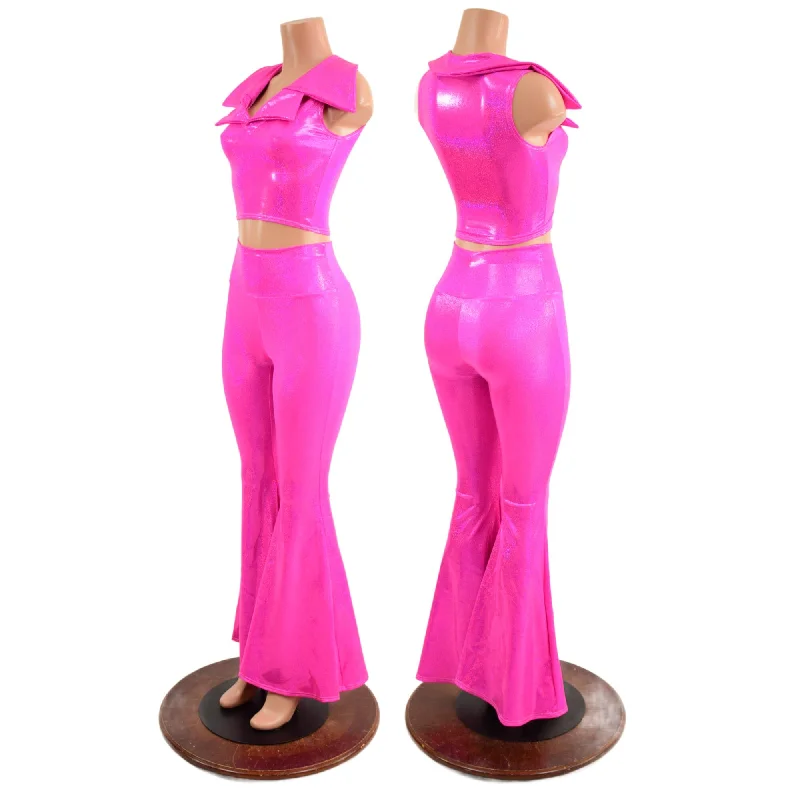 Retro Fashion Neon Pink Solar Flares and Sleeveless Crop Top with Showtime Collar