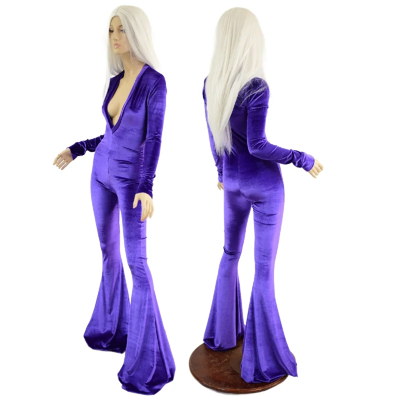 Elegant Design Purple Velvet Catsuit with Plunging V Neckline and Solar Flares