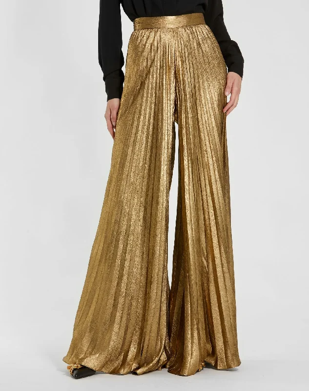 Personalized Wear Metallic Lamé Pleated Wide Leg Pant