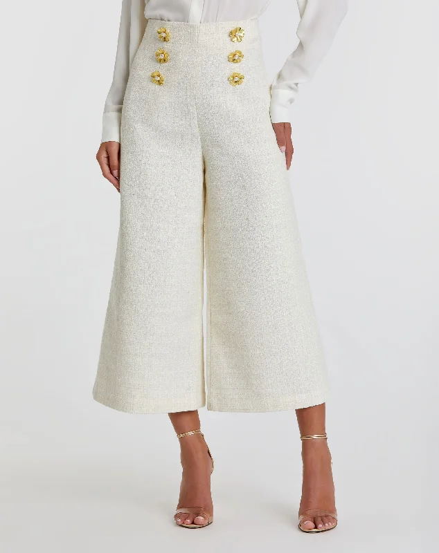 Body Design Ivory Tweed High Waisted Wide Leg Sailor Pant with Gold Buttons - FINAL SALE
