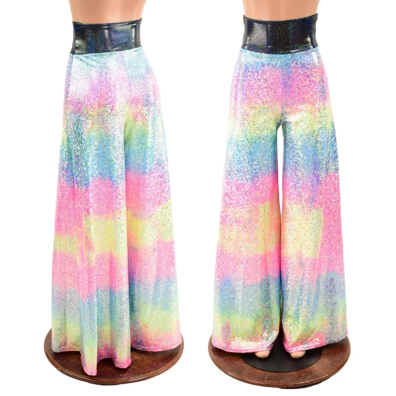 Light Dressing Rainbow Shattered Glass Wide Leg Pants with Black Holo Waistband