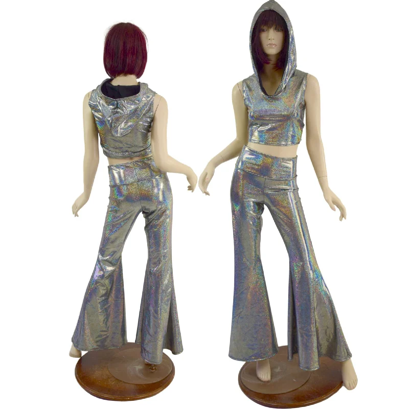 Warm Wear Silver Holographic Solar Flares and Sleeveless Crop Hoodie Set