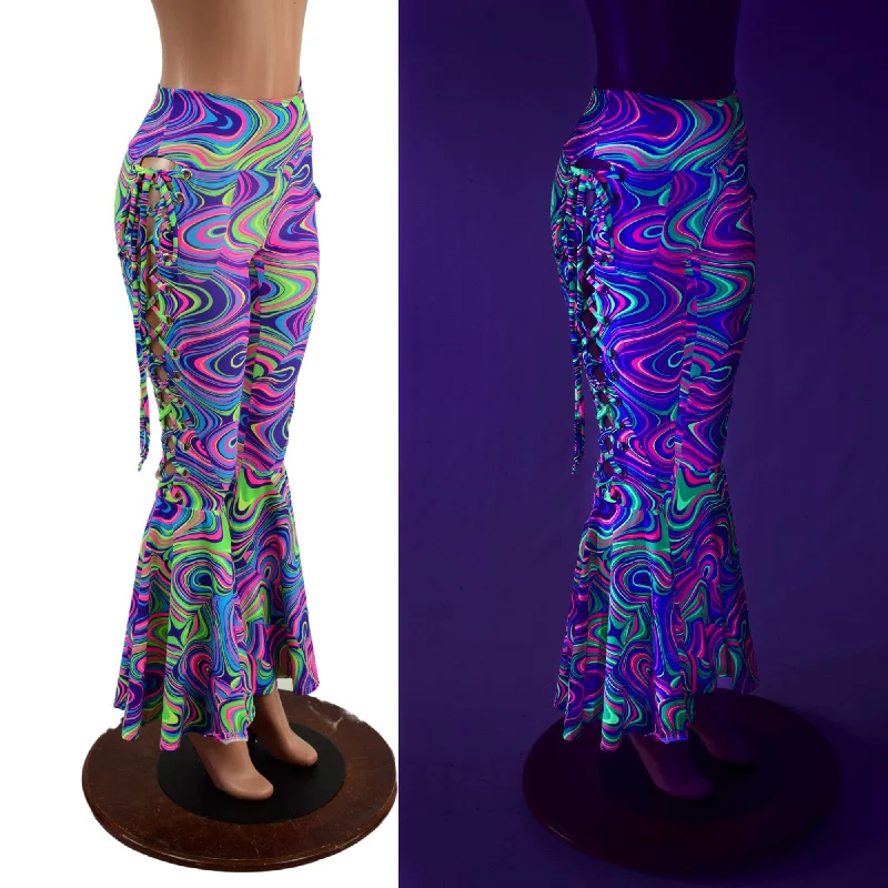 Light Comfort UV Glow Lace Up High Waist Bell Bottom Flares in Glow Worm