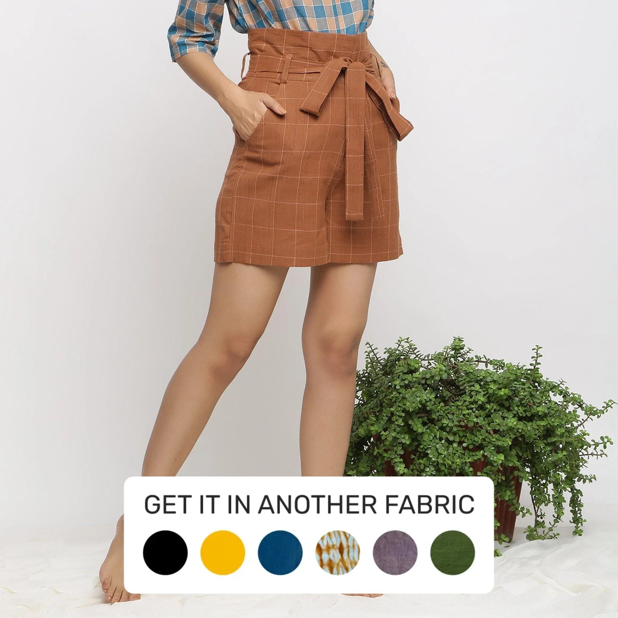 Preview New Products Almond Brown Handspun Cotton High-Rise Paperbag Shorts