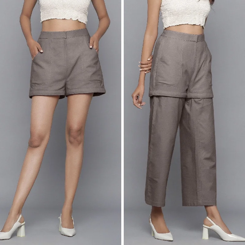 Easy-to-Wear Ash Grey Warm Cotton Flannel Convertible Ankle Length Pant Shorts