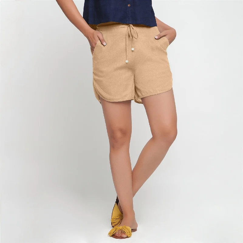 Luxury Style Beige 100% Cotton Low-Rise Elasticated Short Shorts