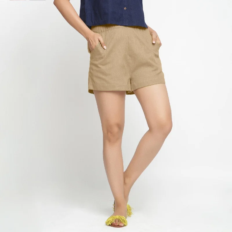Unique Fashion Beige 100% Cotton Relaxed Fit Elasticated Short Shorts
