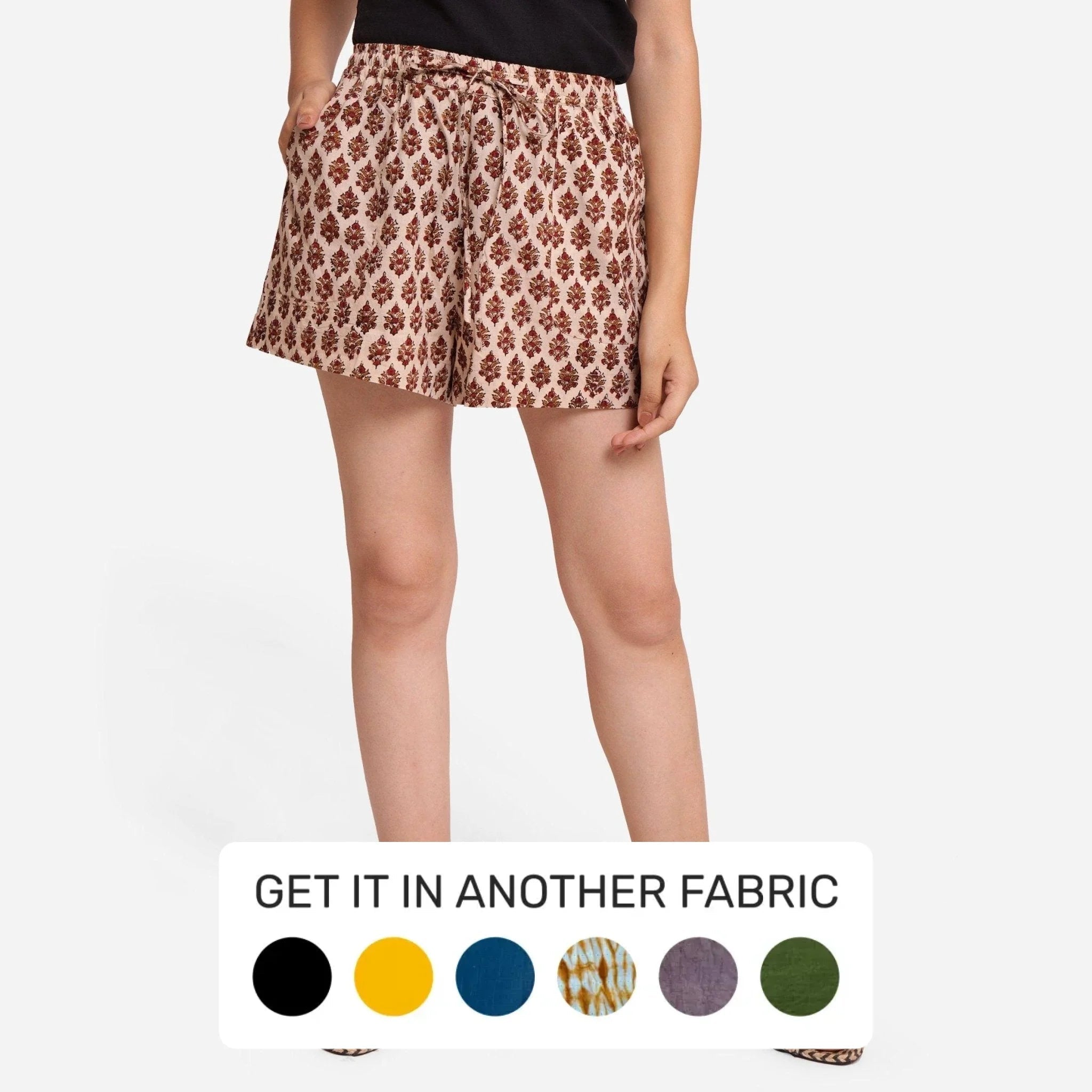 Weekend Style Beige Floral Block Printed Cotton Micro Length Shorts