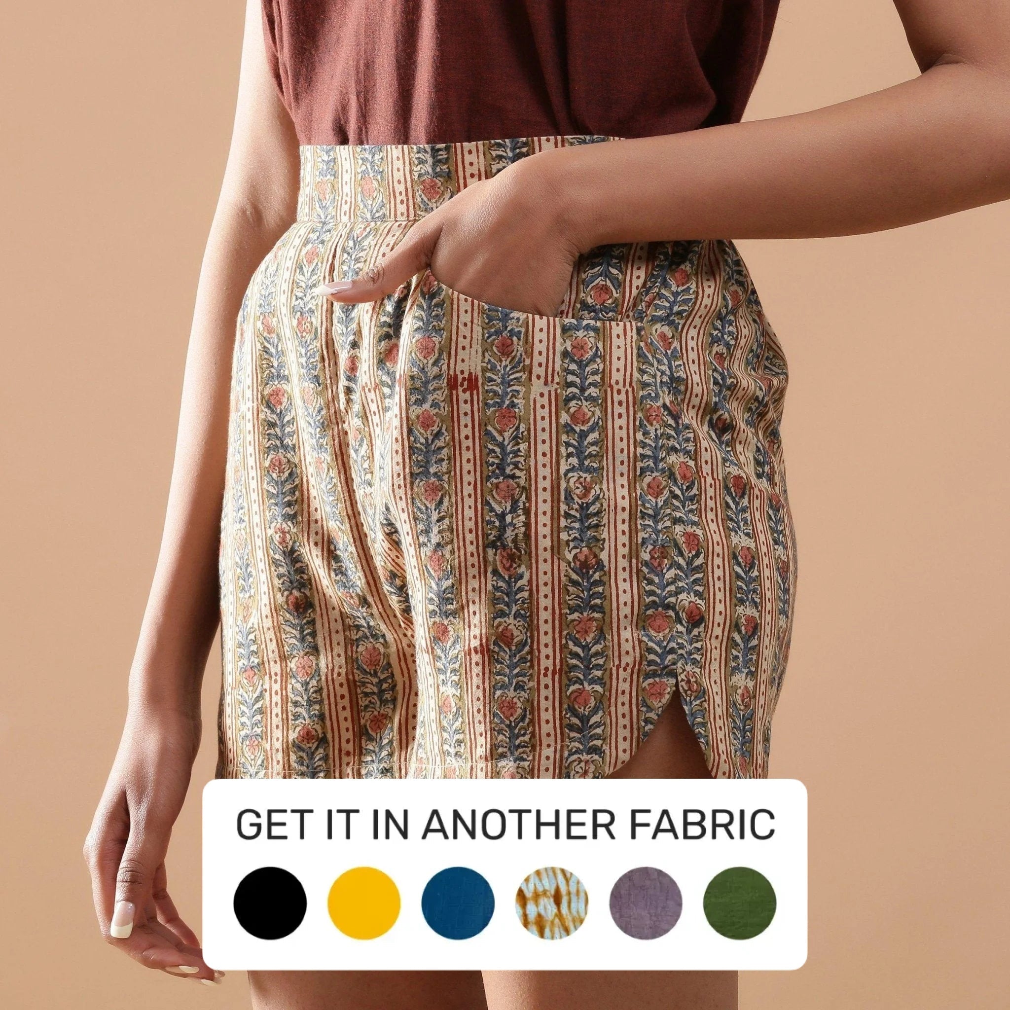 Energy Wear Beige Kalamkari Block Print Cotton Shorts
