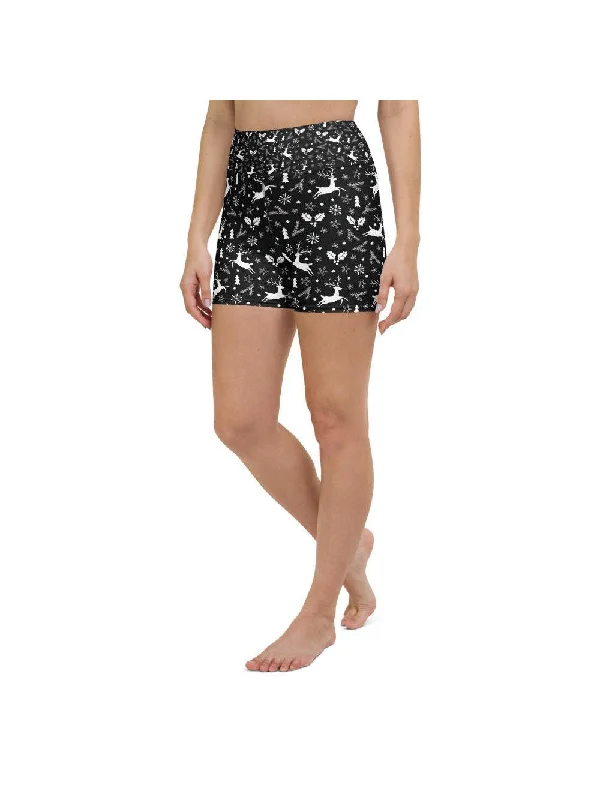 Cozy Pants Black Reindeer Christmas Yoga Shorts