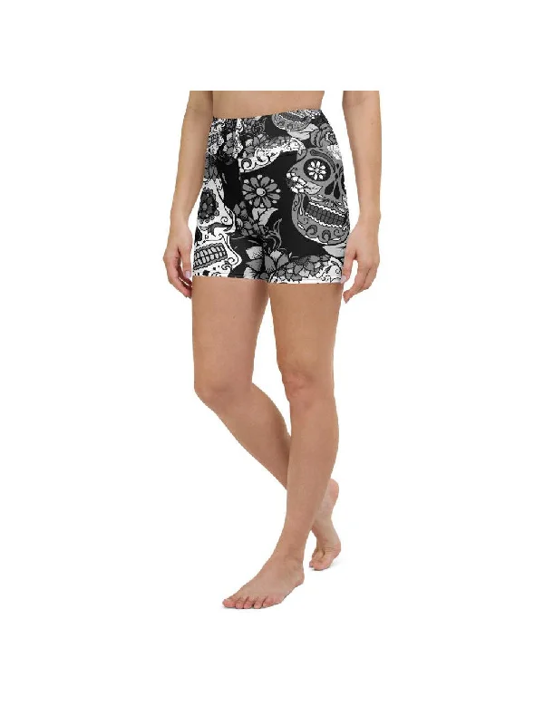Elegant Tailoring Black & White Sugar Skull Yoga Shorts
