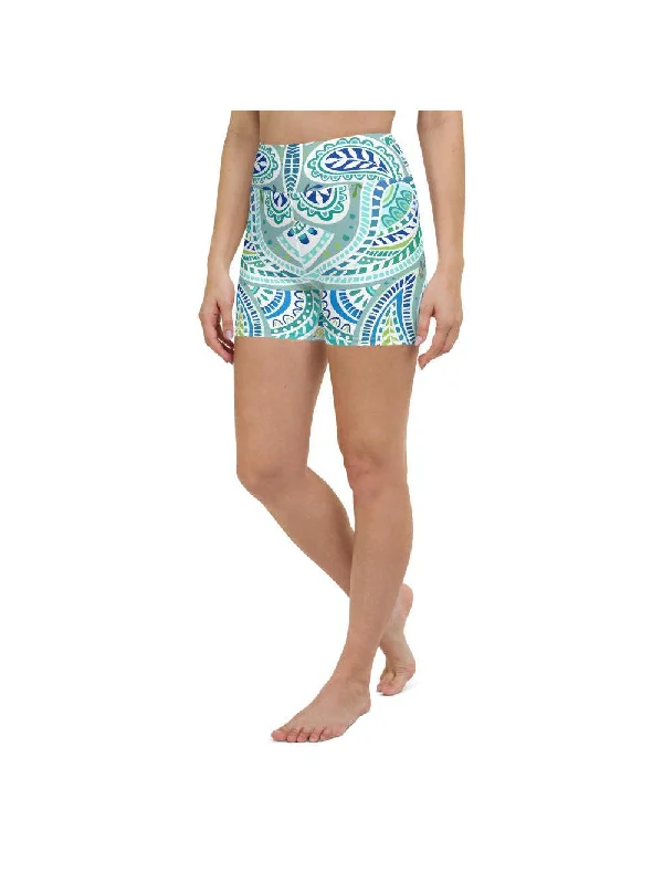 Sexy Fun Blue and Green Paisley Yoga Shorts