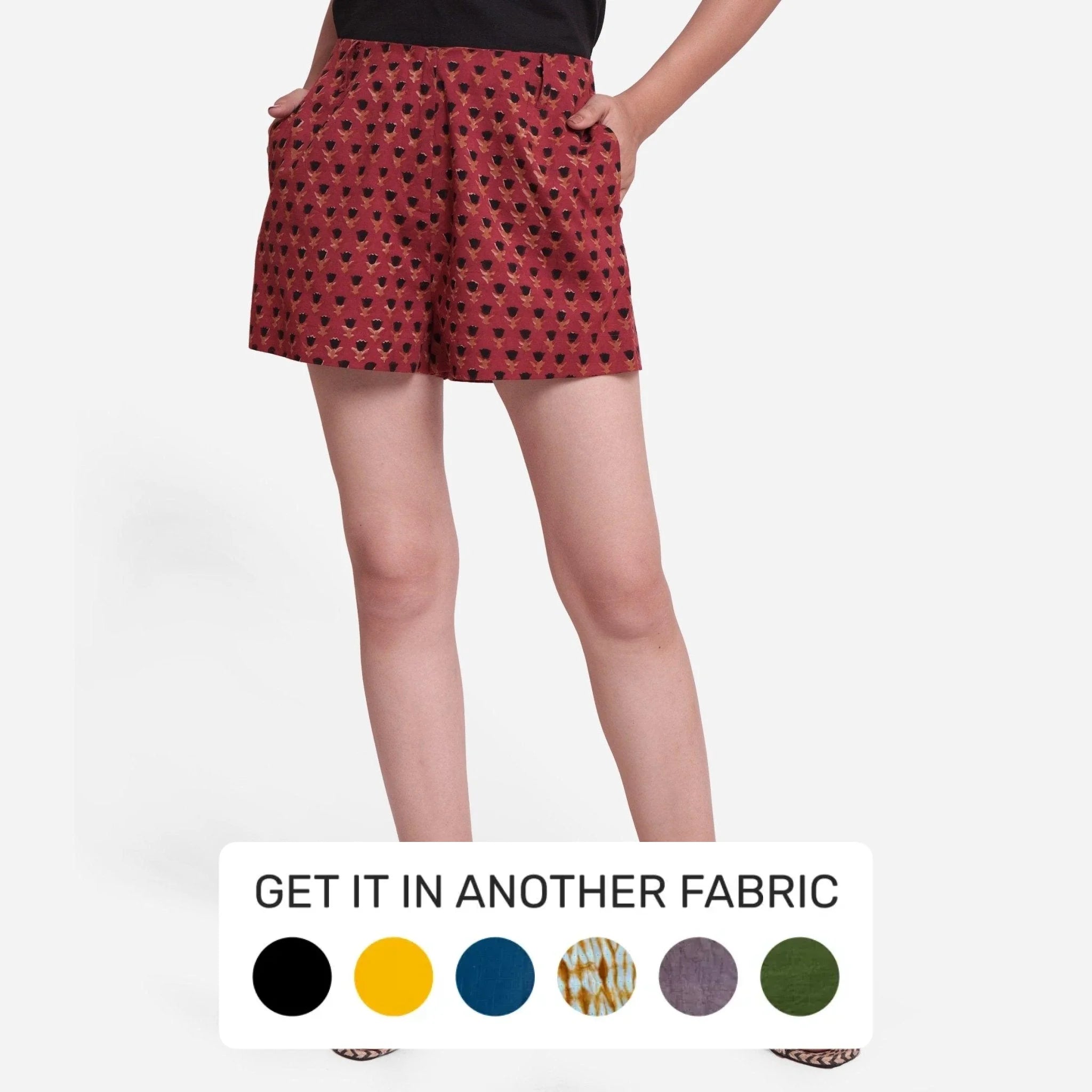 Minimal Comfort Brick Red Floral Block Print Cotton Hot Pants