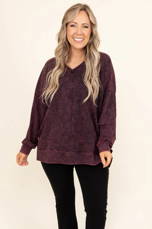 Cozy Street Style Come On Over Pullover, Dark Burgundy Mineral Wash