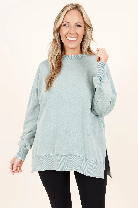 British Style Cozy Crewneck Pullover, Dusty Sage