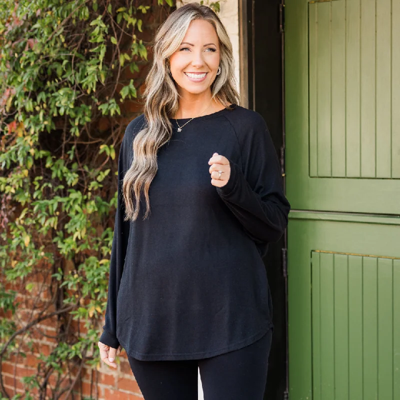 Fashion Touch Curved Hem Slouchy Dolman Knitted Tunic, Black
