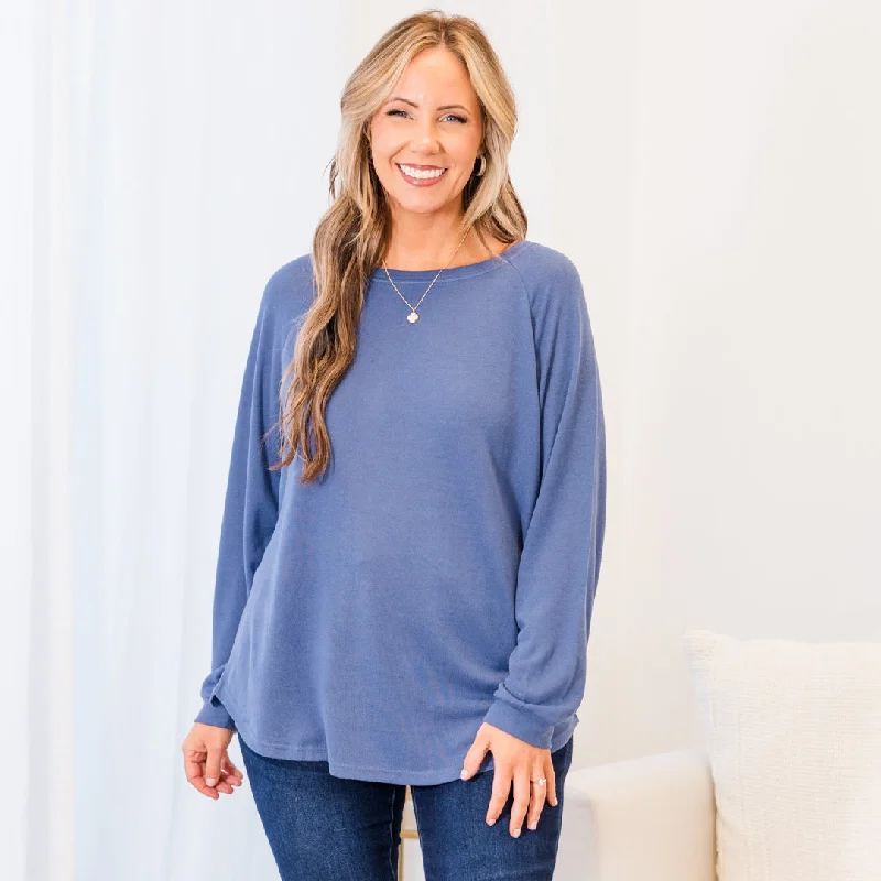 Fashion Expert Curved Hem Slouchy Dolman Knitted Tunic, Denim