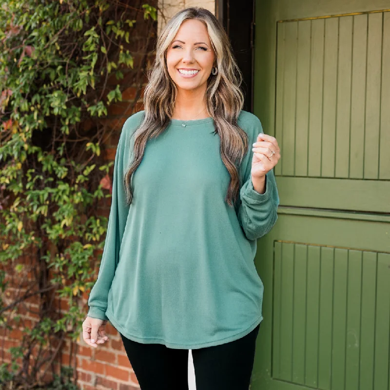 Youthful Style Curved Hem Slouchy Dolman Knitted Tunic, Sage